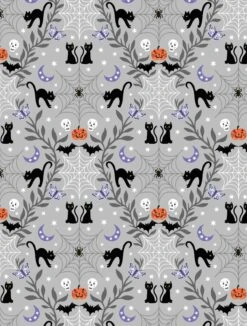 Castle Spooky Fabric | Cobwebs & Cats Light Grey