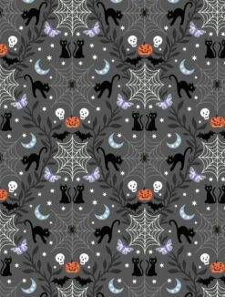 Castle Spooky Fabric | Cobwebs & Cats Grey