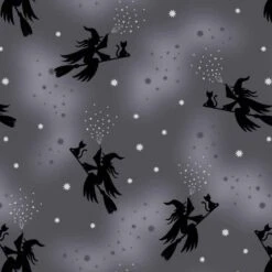Cast A Spell Lewis & Irene Fabric | Flying Witches Grey Silver Metallic